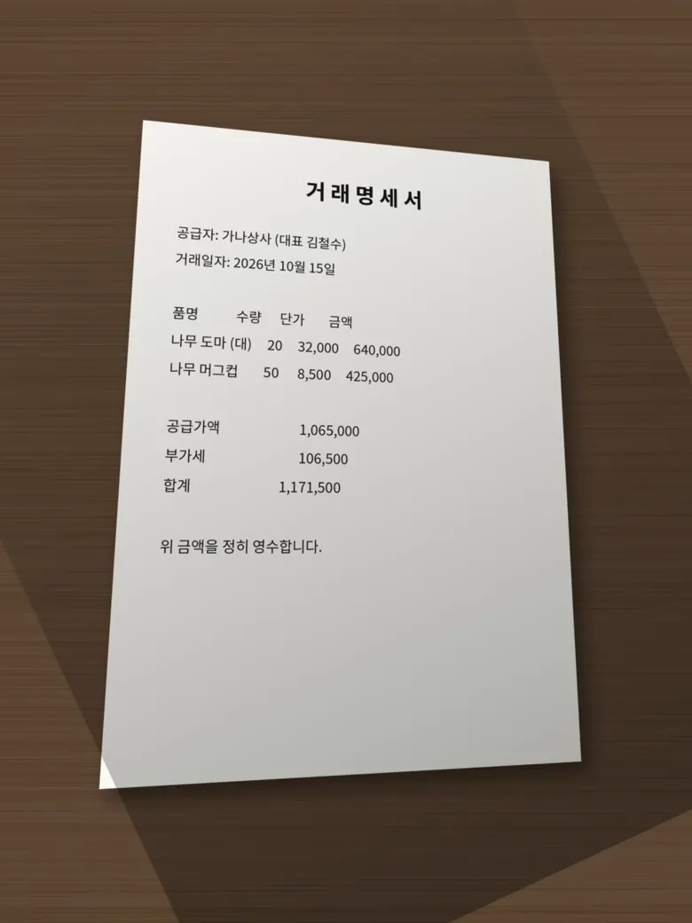 책상 위에 비스듬히 놓인 거래명세서 사진