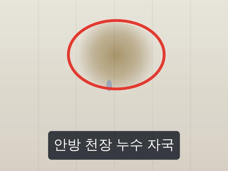 천장 누수 자국을 동그라미로 표시한 사진